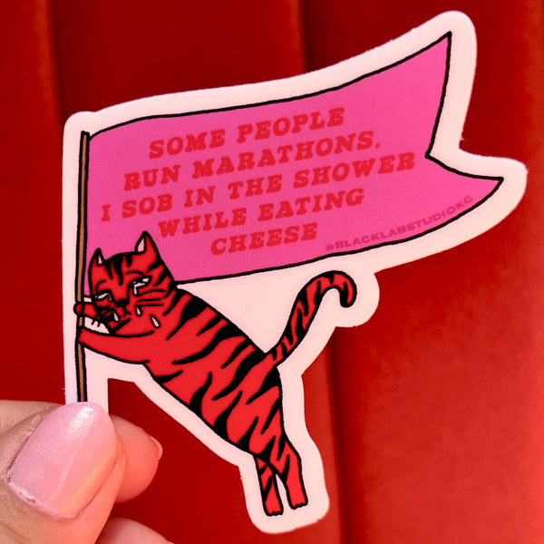 Sobbing Cat Run Marathons Sob in the Shower Waterproof Sticker